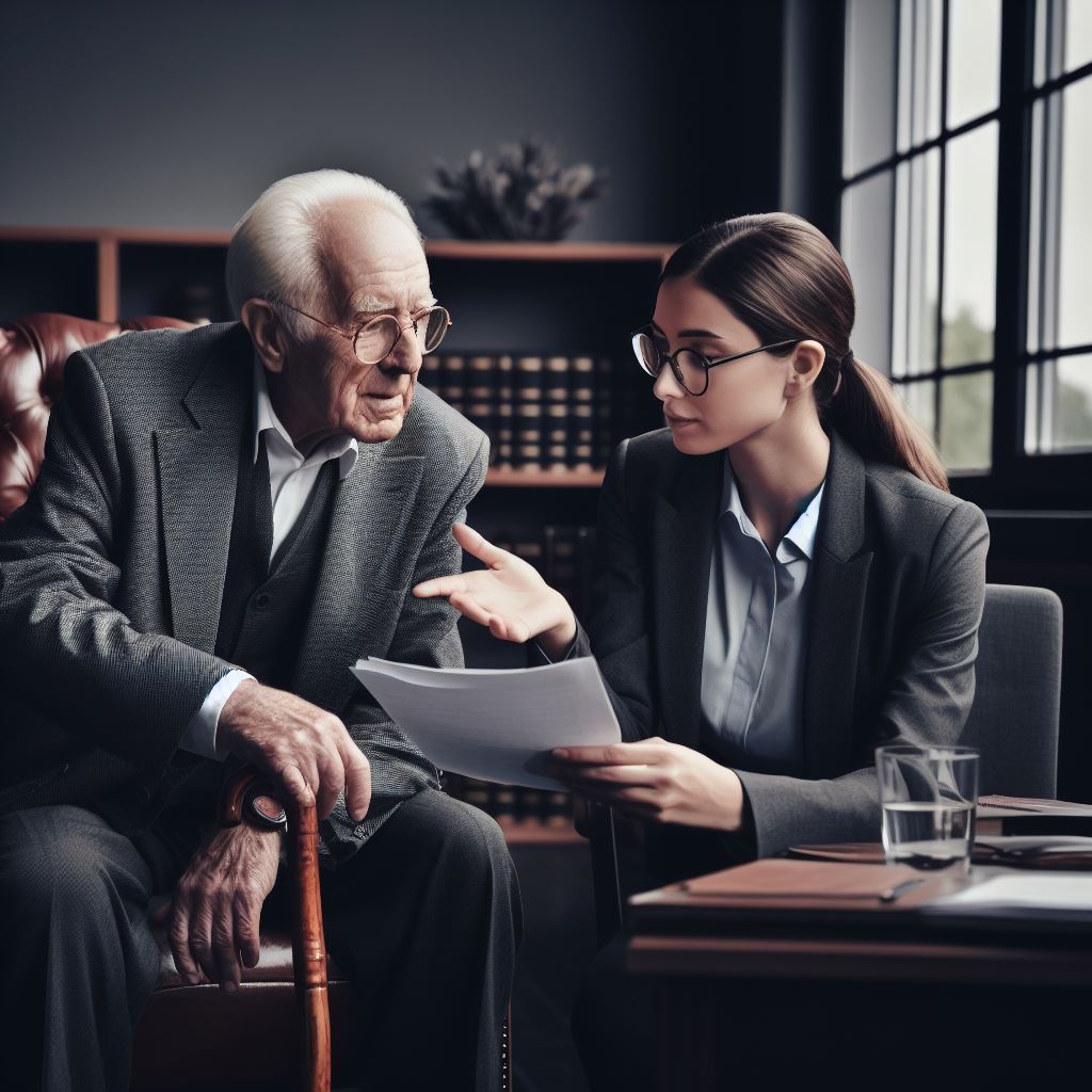 Elderly man sitting down and speaking with a female attorney