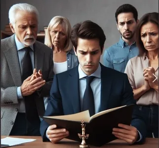 Lawyer reading will to concerned family