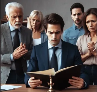 Lawyer reading will to concerned family