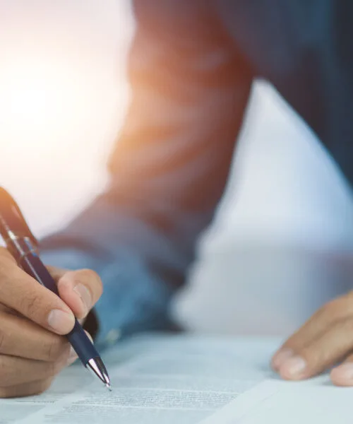 Closeup hand sign on document, signature contract executive